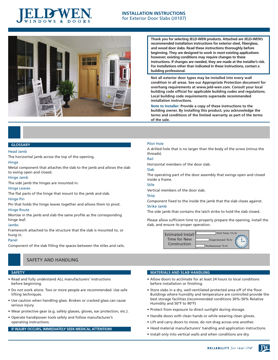 JELD-WEN JII107 Exterior Door Slabs User Manual | 4 pages