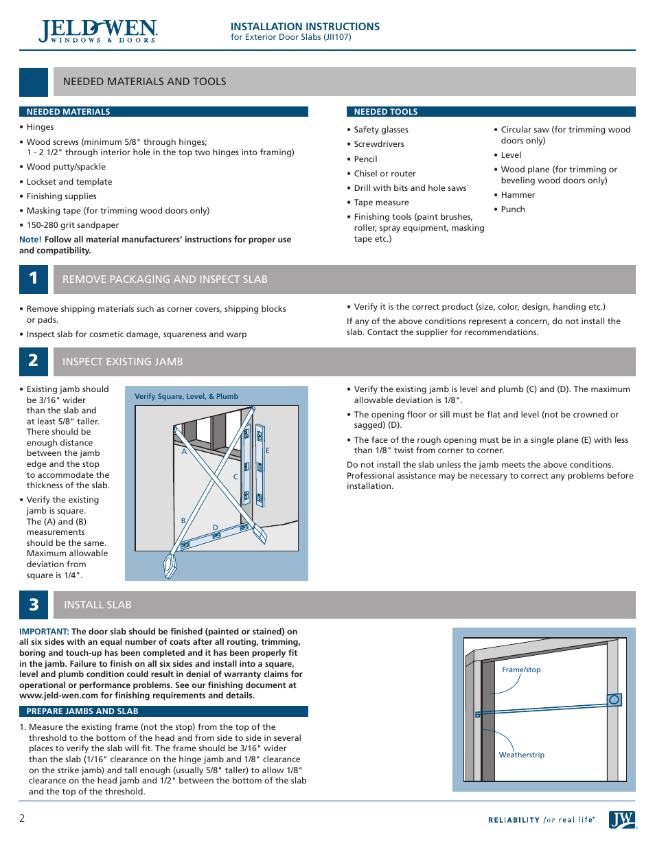 JELD-WEN JII107 Exterior Door Slabs User Manual | Page 2 / 4