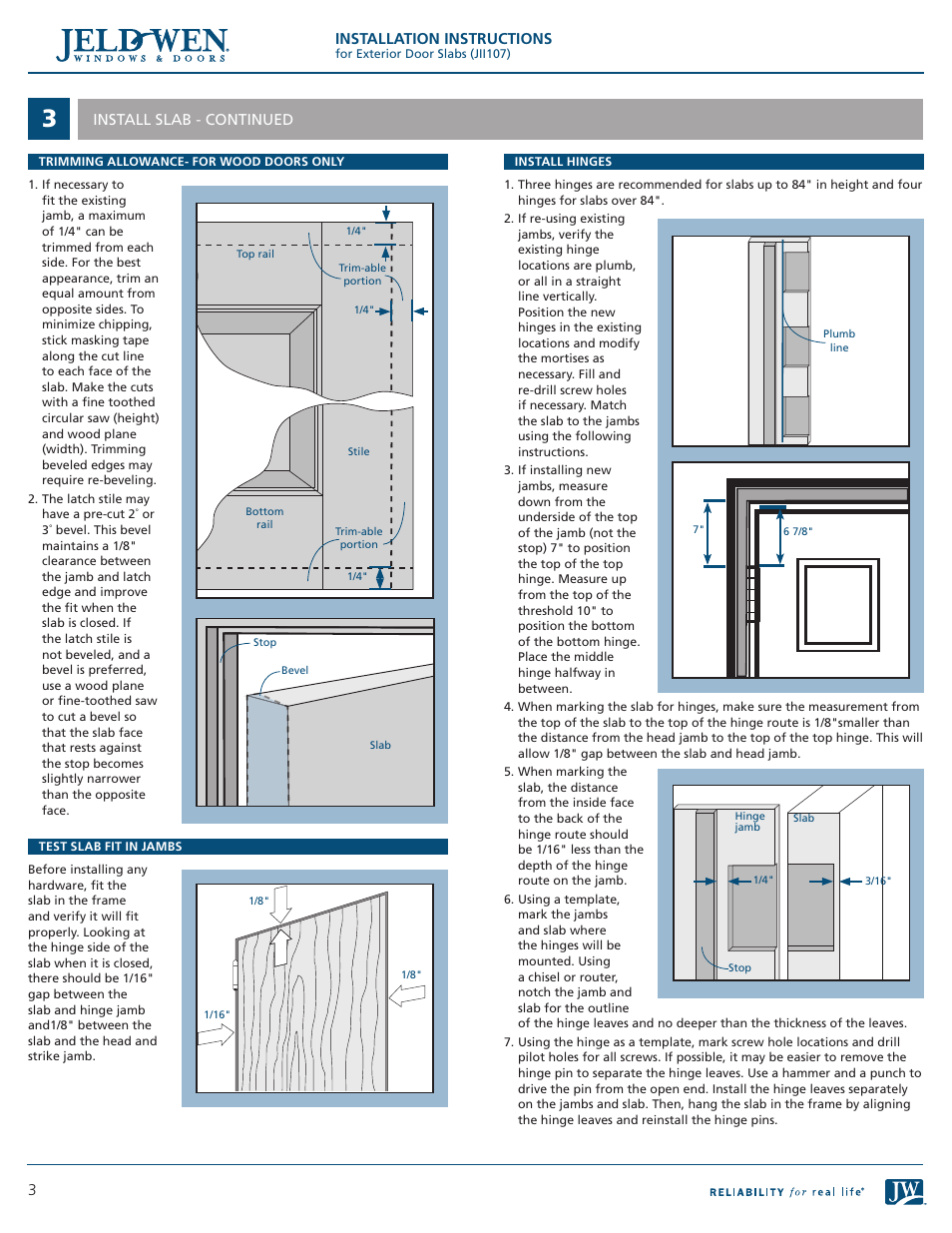 Installation instructions, 3install slab - continued | JELD-WEN JII107 Exterior Door Slabs User Manual | Page 3 / 4