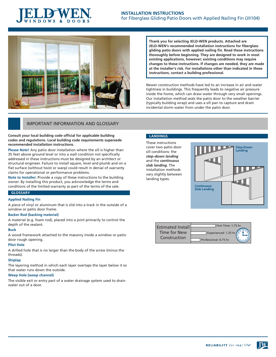 JELD-WEN JII104 Fiberglass Gliding Patio Doors with Applied Nailing Fin User Manual | 8 pages