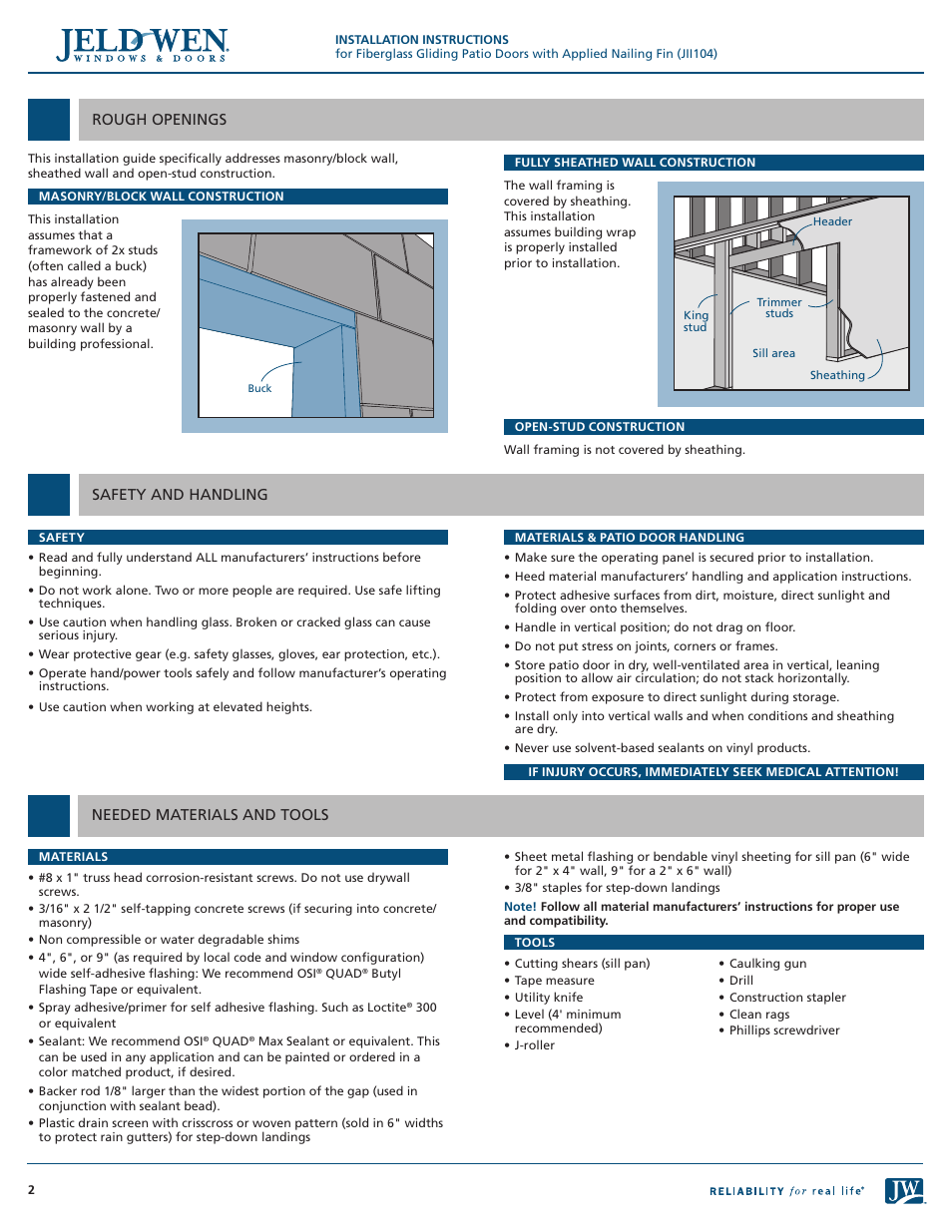 JELD-WEN JII104 Fiberglass Gliding Patio Doors with Applied Nailing Fin User Manual | Page 2 / 8