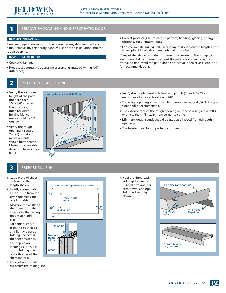 JELD-WEN JII104 Fiberglass Gliding Patio Doors with Applied Nailing Fin User Manual | Page 3 / 8