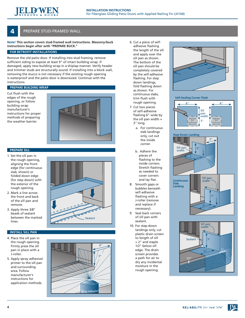 Prepare stud-framed wall | JELD-WEN JII104 Fiberglass Gliding Patio Doors with Applied Nailing Fin User Manual | Page 4 / 8