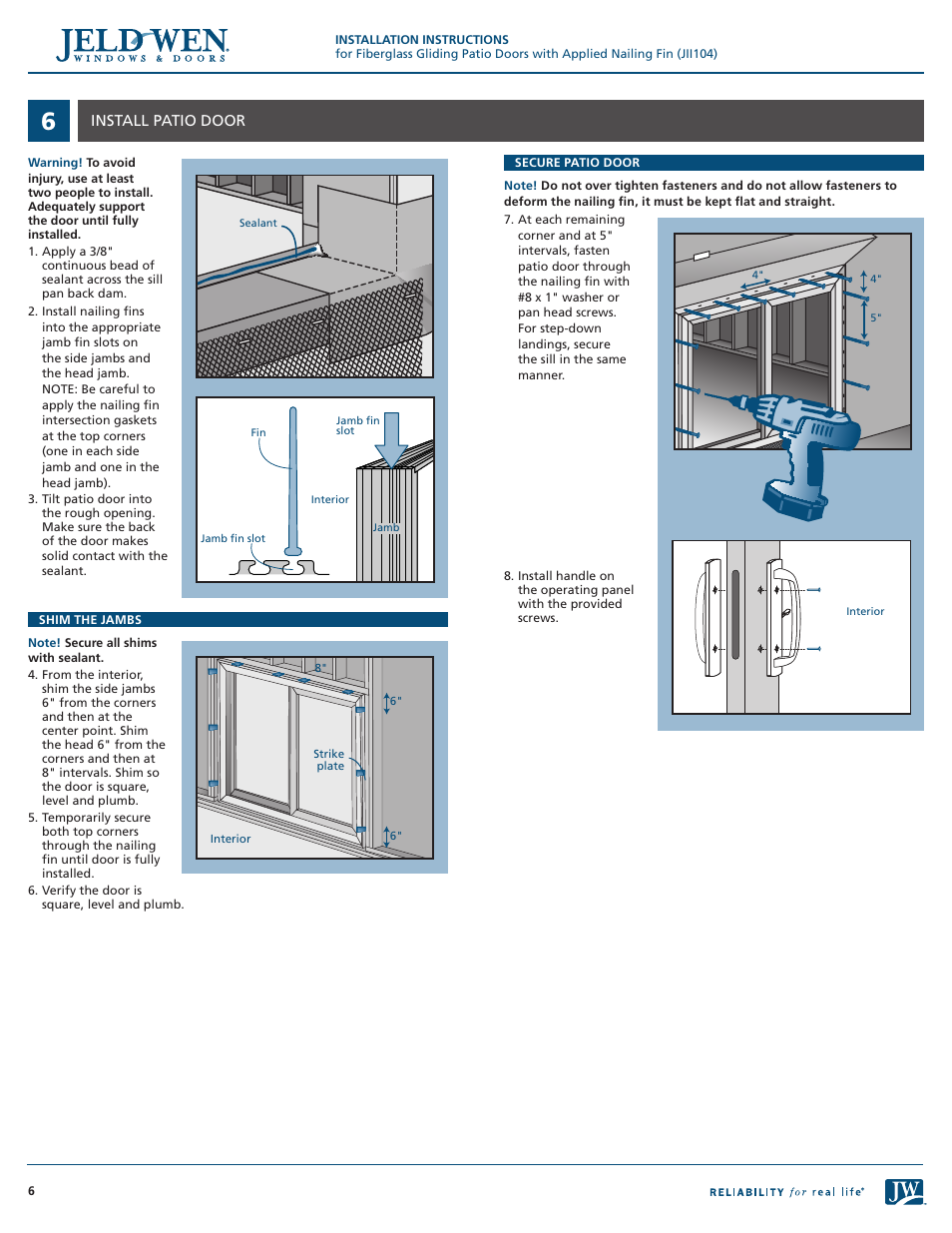 JELD-WEN JII104 Fiberglass Gliding Patio Doors with Applied Nailing Fin User Manual | Page 6 / 8