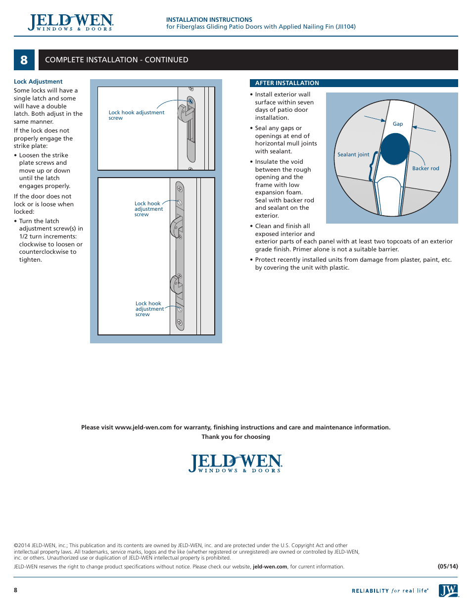 JELD-WEN JII104 Fiberglass Gliding Patio Doors with Applied Nailing Fin User Manual | Page 8 / 8