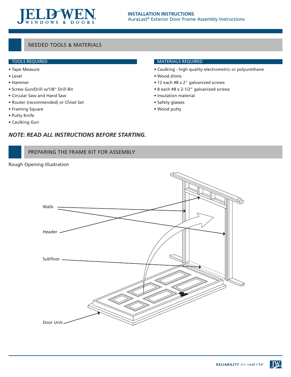 JELD-WEN AuraLast Exterior Door Frame User Manual | 7 pages