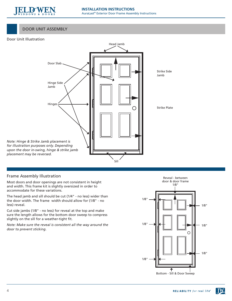 Door unit assembly, Frame assembly illustration | JELD-WEN AuraLast Exterior Door Frame User Manual | Page 4 / 7