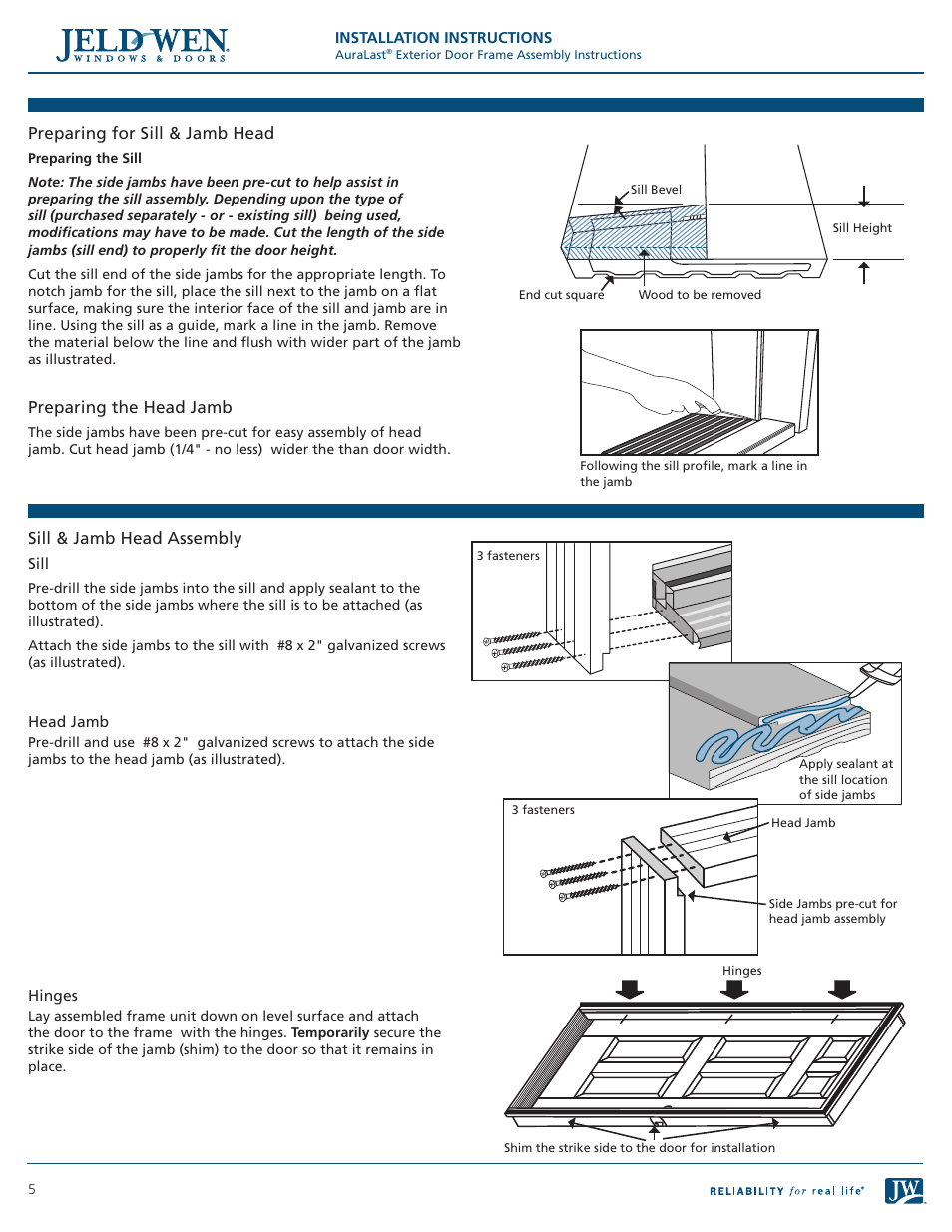 Preparing for sill & jamb head, Preparing the head jamb, Sill & jamb head assembly | JELD-WEN AuraLast Exterior Door Frame User Manual | Page 5 / 7