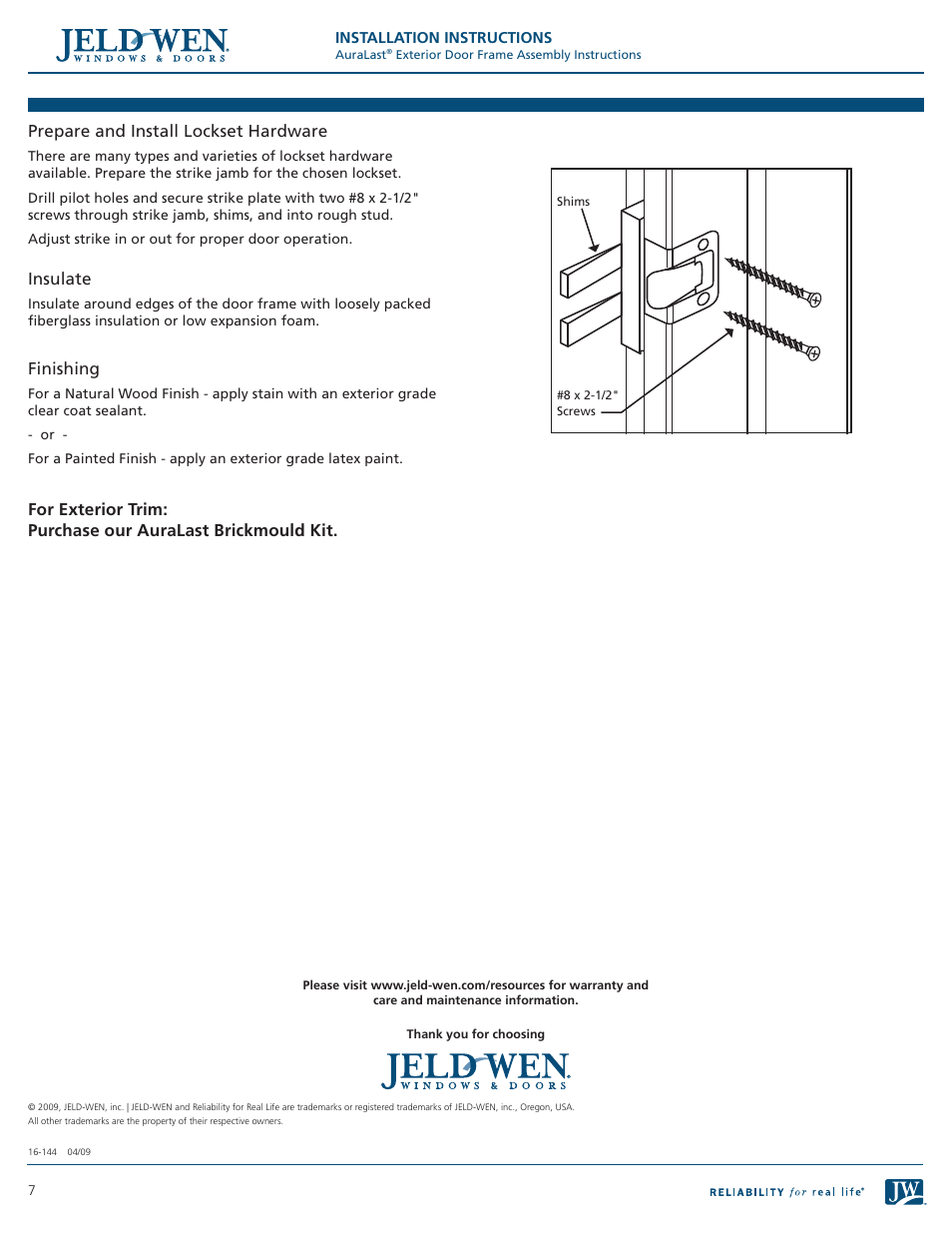 Prepare and install lockset hardware, Insulate, Finishing | JELD-WEN AuraLast Exterior Door Frame User Manual | Page 7 / 7