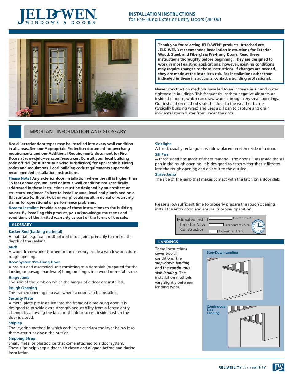 JELD-WEN JII106 Pre-Hung Exterior Entry Doors User Manual | 8 pages