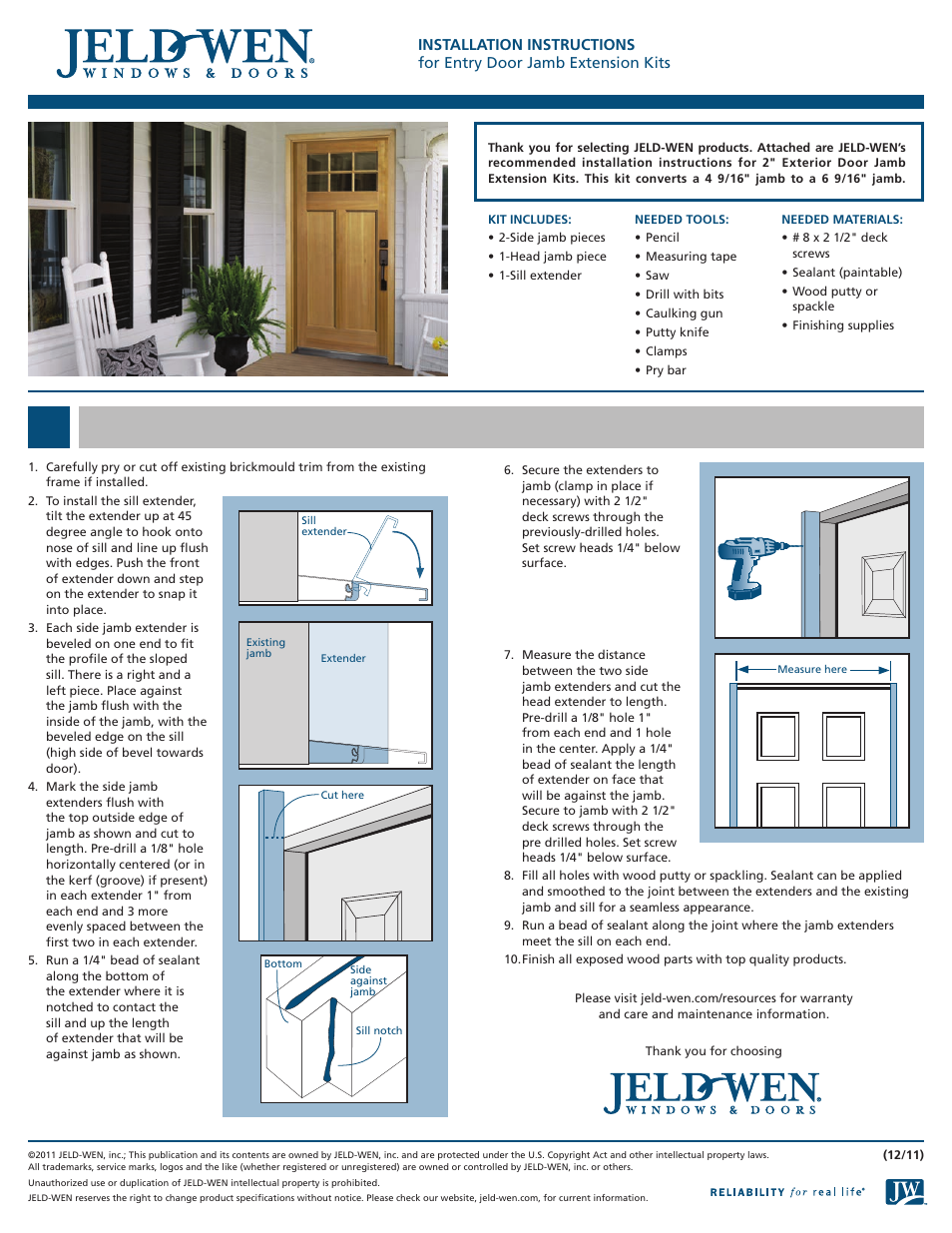 JELD-WEN Entry Door Jamb Extension Kits User Manual | 1 page