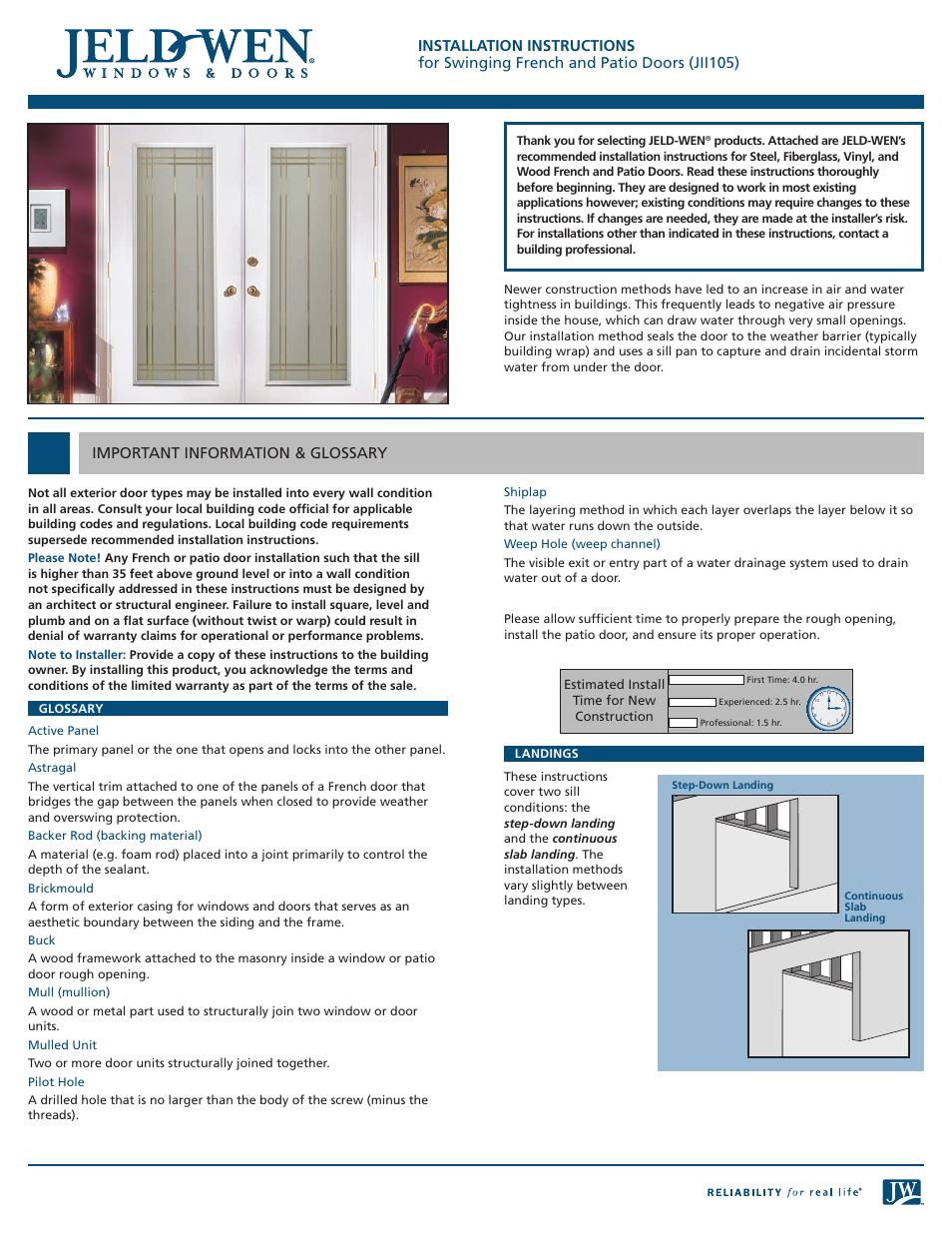 JELD-WEN JII105 Swinging French and Patio Doors User Manual | 9 pages