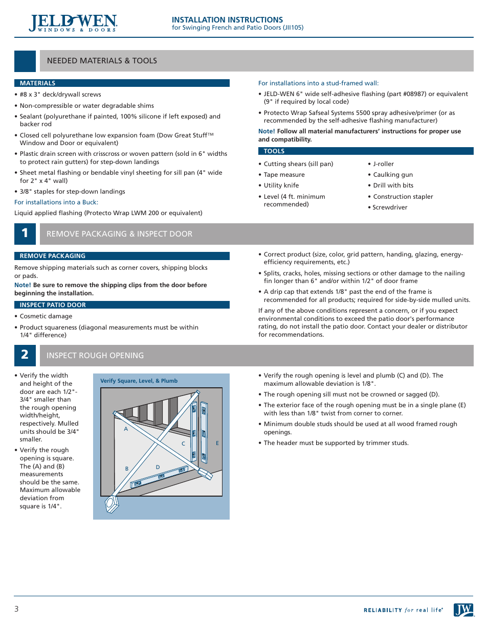 JELD-WEN JII105 Swinging French and Patio Doors User Manual | Page 3 / 9