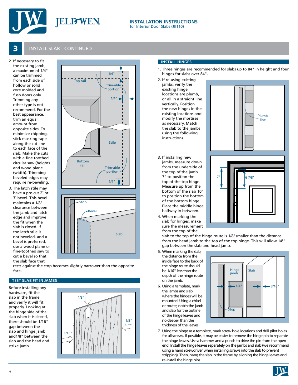 Installation instructions, 3install slab - continued | JELD-WEN JII110 Interior Door Slabs User Manual | Page 3 / 4