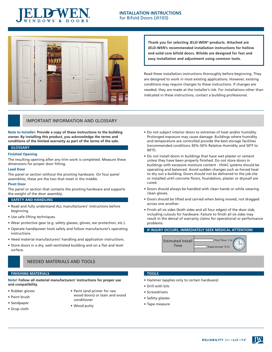 JELD-WEN JII103 Bifold Doors User Manual | 9 pages