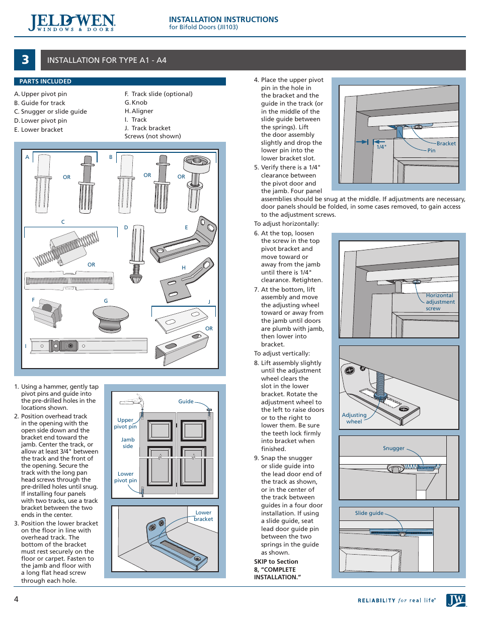 Installation instructions, Installation for type a1 - a4 | JELD-WEN JII103 Bifold Doors User Manual | Page 4 / 9