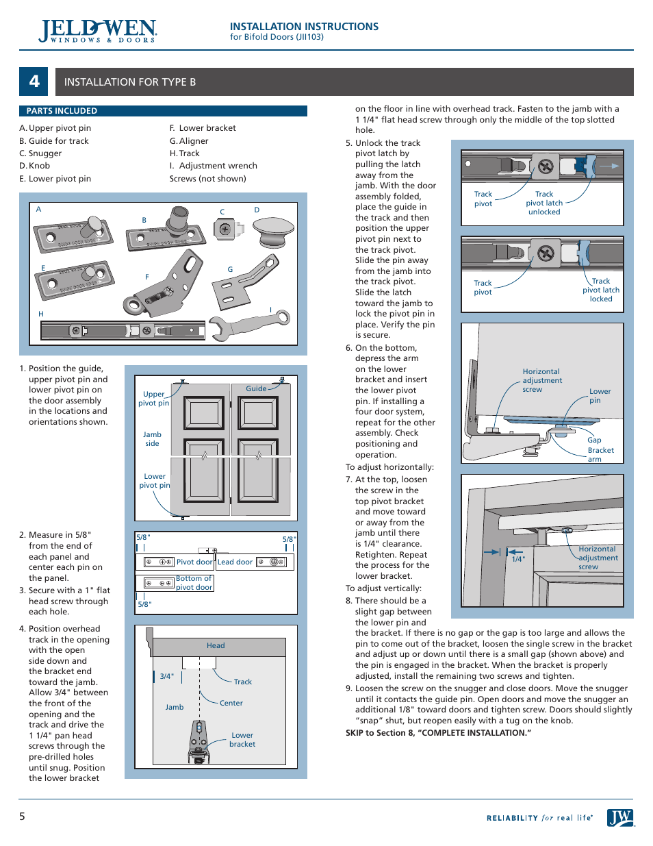 Installation instructions, 5installation for type b | JELD-WEN JII103 Bifold Doors User Manual | Page 5 / 9