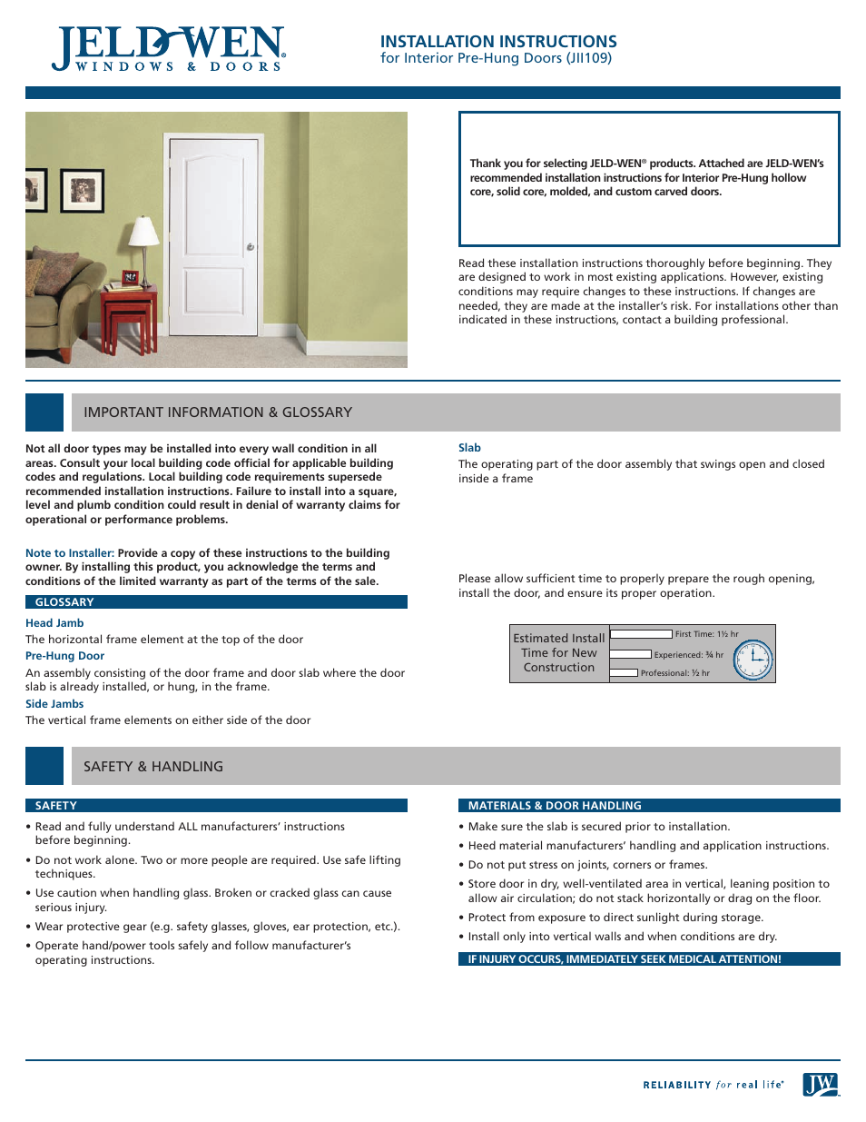 JELD-WEN JII109 Interior Pre-Hung Doors User Manual | 3 pages