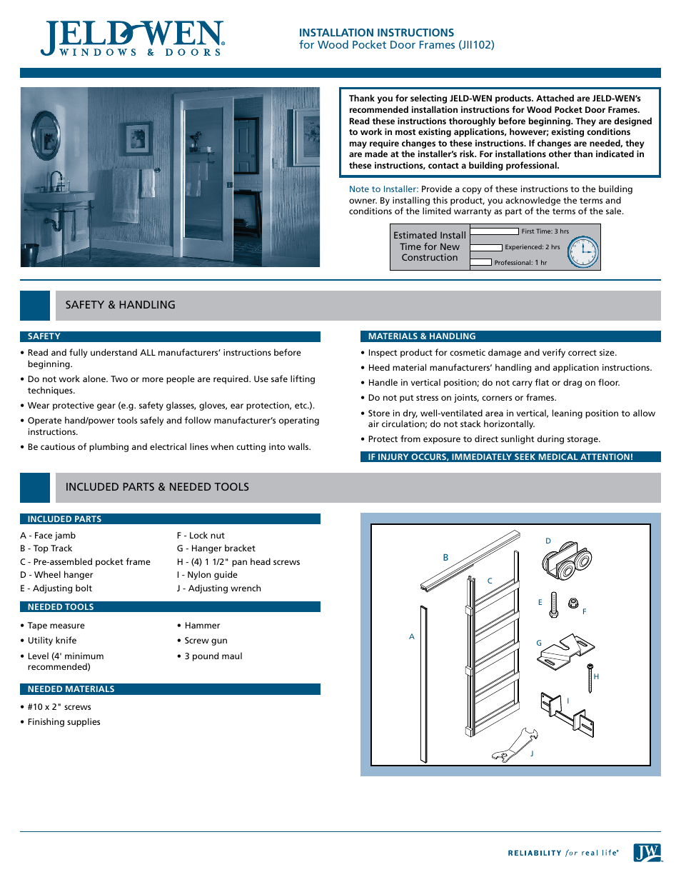 JELD-WEN JII102 Wood Pocket Door Frames User Manual | 2 pages