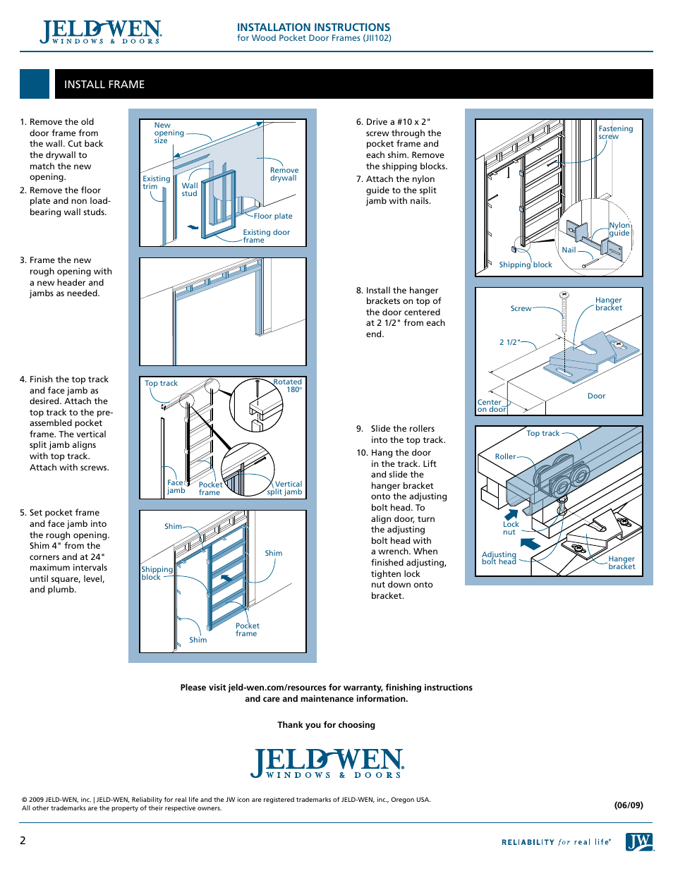 Installation instructions, Install frame | JELD-WEN JII102 Wood Pocket Door Frames User Manual | Page 2 / 2