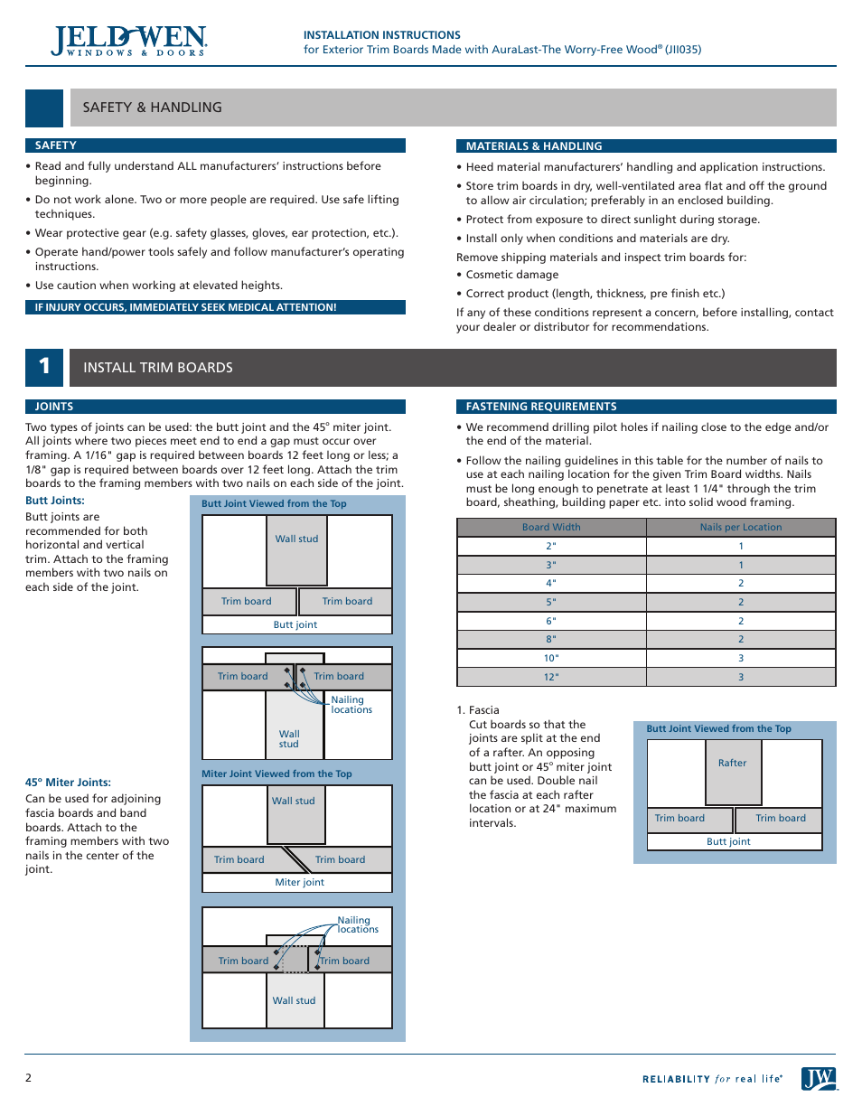 Safety & handling, Install trim boards | JELD-WEN JII035 Exterior Trim Boards Made with AuraLast-The Worry-Free Wood User Manual | Page 2 / 3