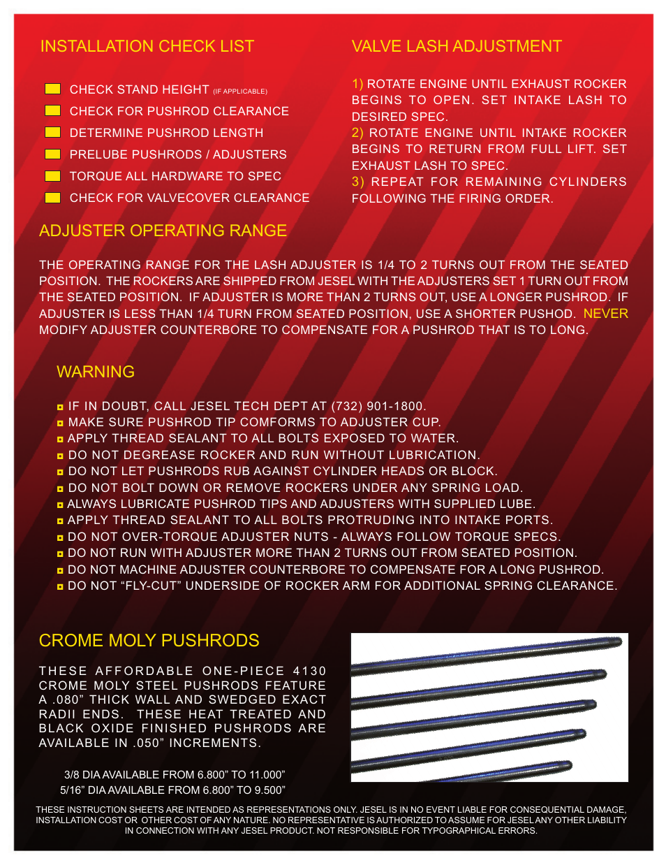 Crome moly pushrods, Warning, Adjuster operating range | Installation check list, Valve lash adjustment | Jesel INS-06048 Brodix SB Chevy Canted Valve User Manual | Page 2 / 2