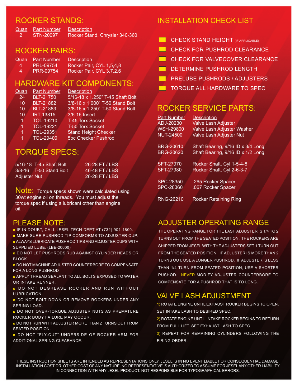 Rocker service parts, Torque specs, Hardware kit components | Rocker stands, Rocker pairs, Adjuster operating range, Installation check list, Valve lash adjustment | Jesel INS-09754 Chrysler 340-360 W2 User Manual | Page 2 / 2