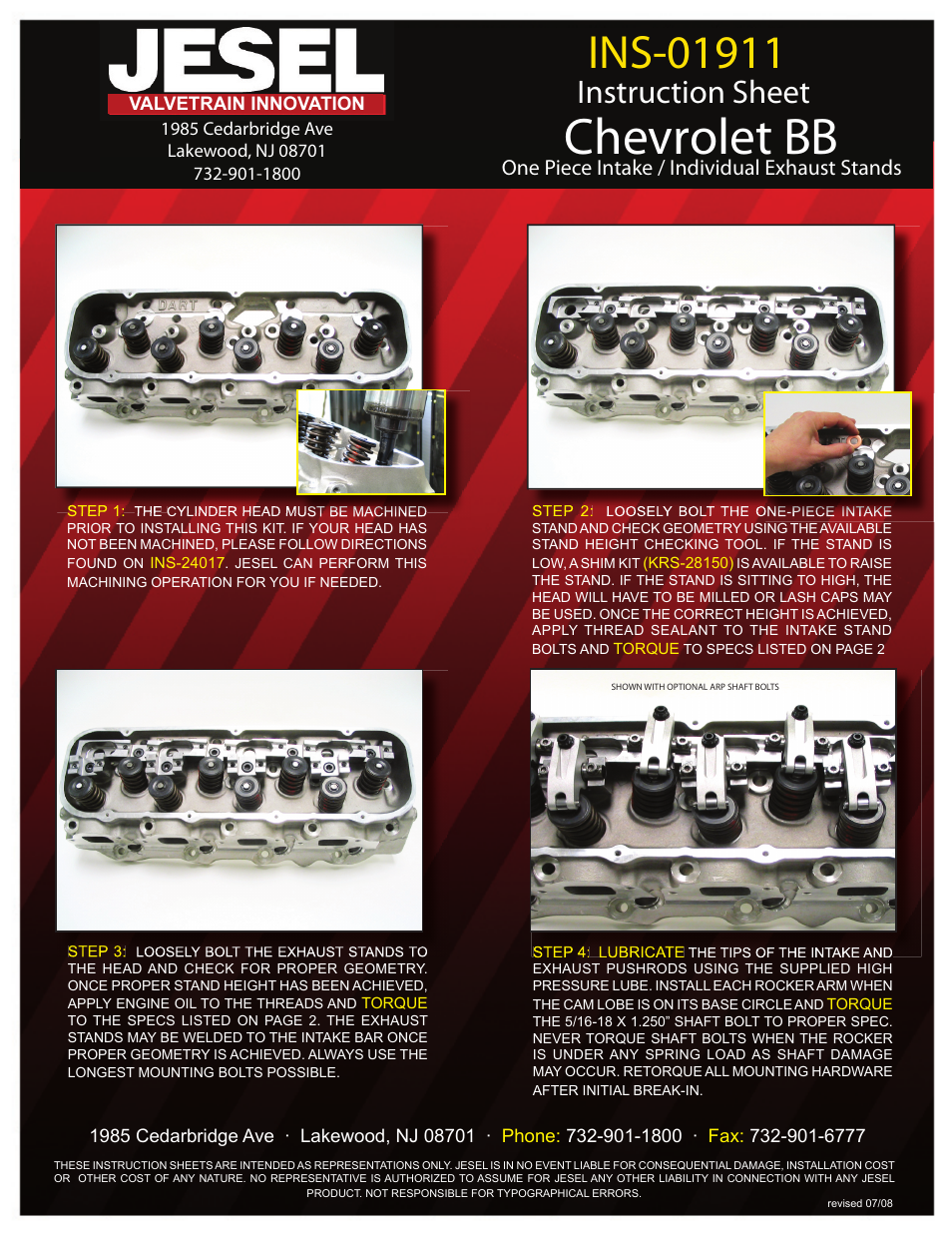 Jesel INS-01911 Chevy BB 1 Piece Intake, Indv. Exhaust Stands User Manual | 2 pages
