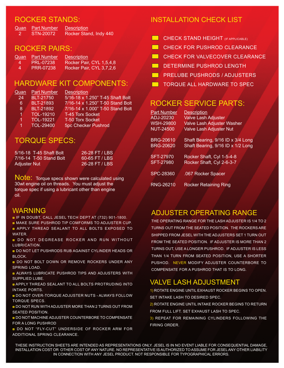 Rocker service parts, Torque specs, Hardware kit components | Rocker stands, Rocker pairs, Warning, Adjuster operating range, Installation check list, Valve lash adjustment | Jesel INS-07238 Indy 440-1 User Manual | Page 2 / 2
