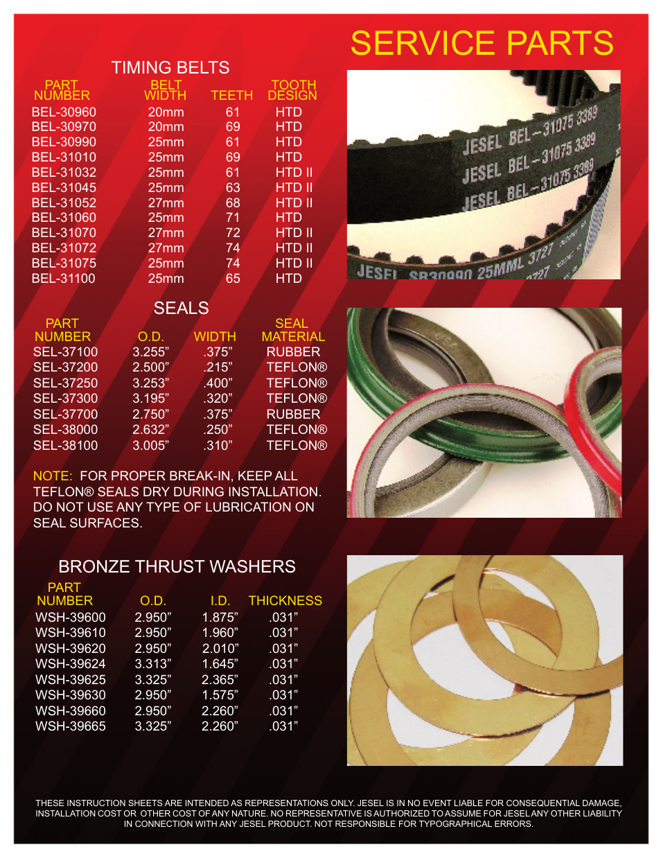 Service parts, Timing belts seals bronze thrust washers | Jesel INS-30000 Timing Belt Replacement User Manual | Page 2 / 2