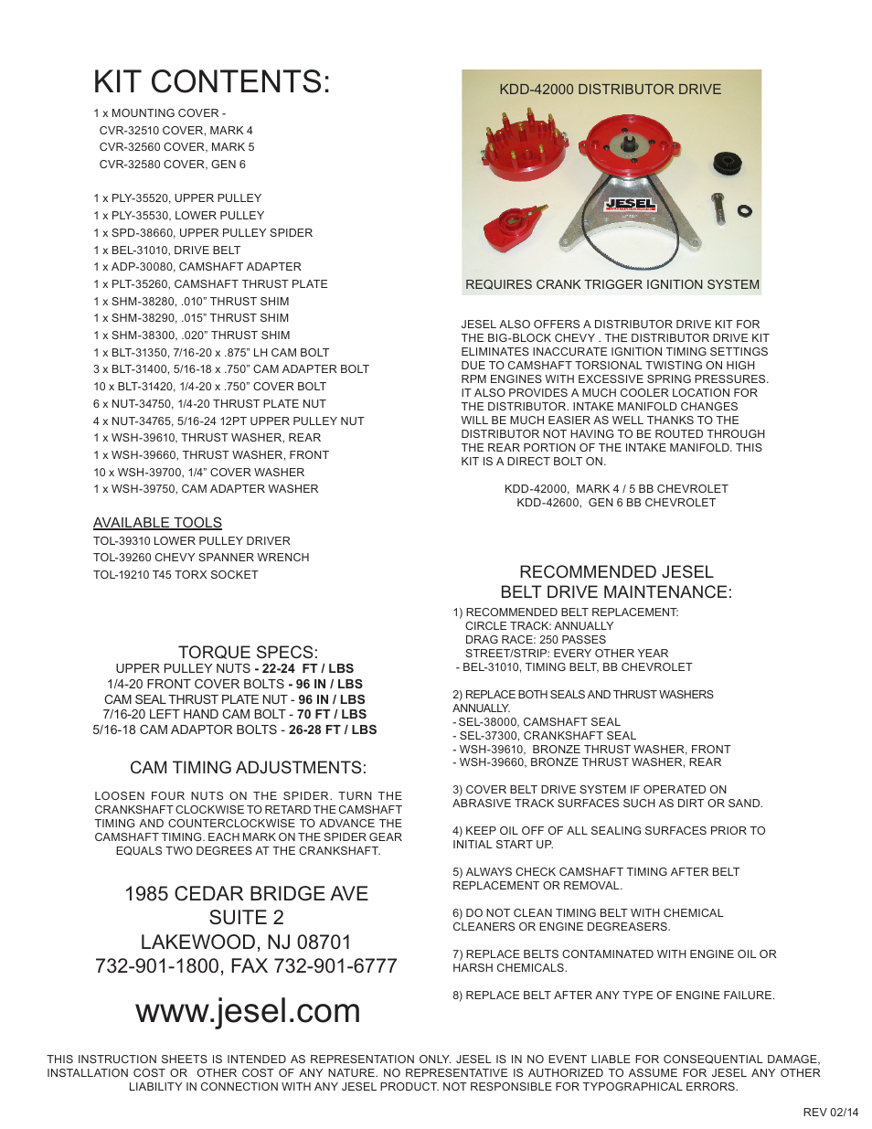 Kit contents, Torque specs | Jesel INS-32000 Mark 4/5, Gen 6 BB Chevy User Manual | Page 4 / 4