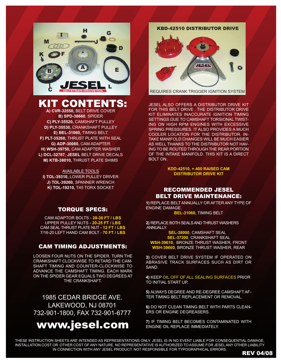 Kit contents | Jesel INS-35500 Donovan / Brodix +.400 Raised Cam User Manual | Page 4 / 4