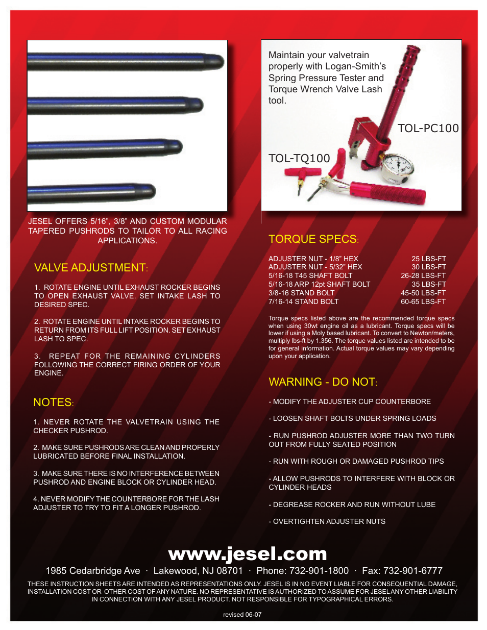 Valve adjustment, Torque specs, Warning - do not | Jesel INS-29425 Pushrod Length Checker User Manual | Page 2 / 2