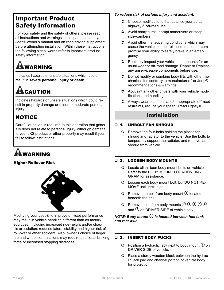 Important product safety information, Warning, Caution | Notice, Installation | JKS 9901 User Manual | Page 2 / 4