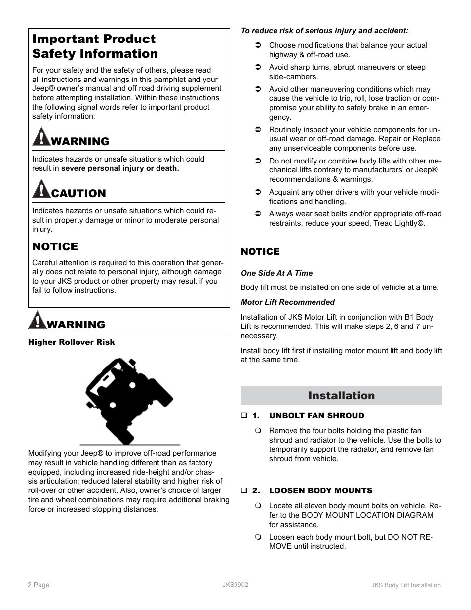 Important product safety information, Warning, Caution | Notice, Installation | JKS 9902 User Manual | Page 2 / 4