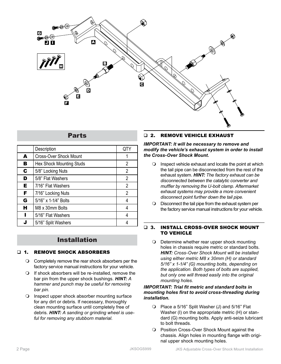 Parts, Installation | JKS OGS999 User Manual | Page 2 / 3