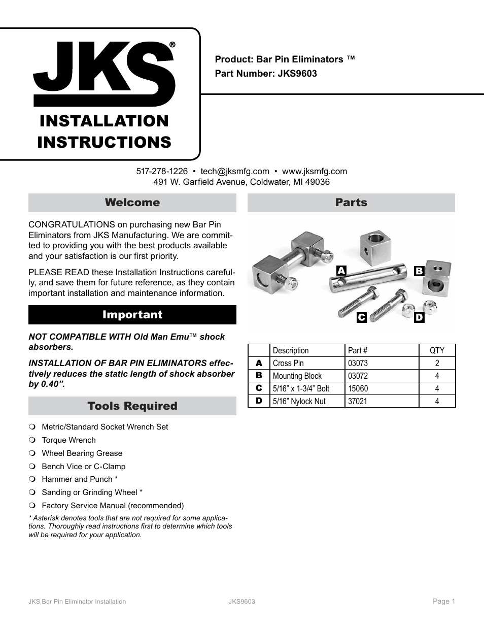 JKS 9603 User Manual | 2 pages