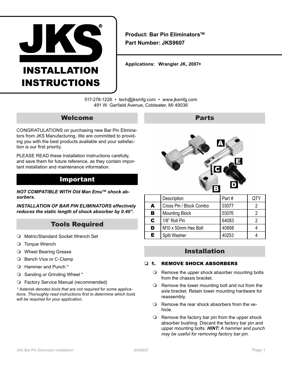 JKS 9607 User Manual | 2 pages