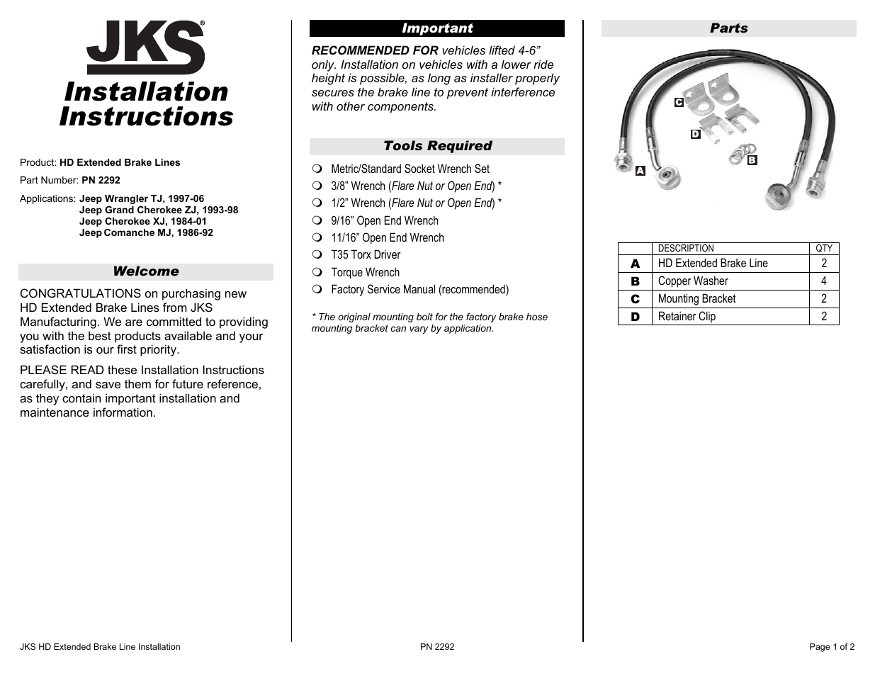 JKS PN2292 User Manual | 2 pages