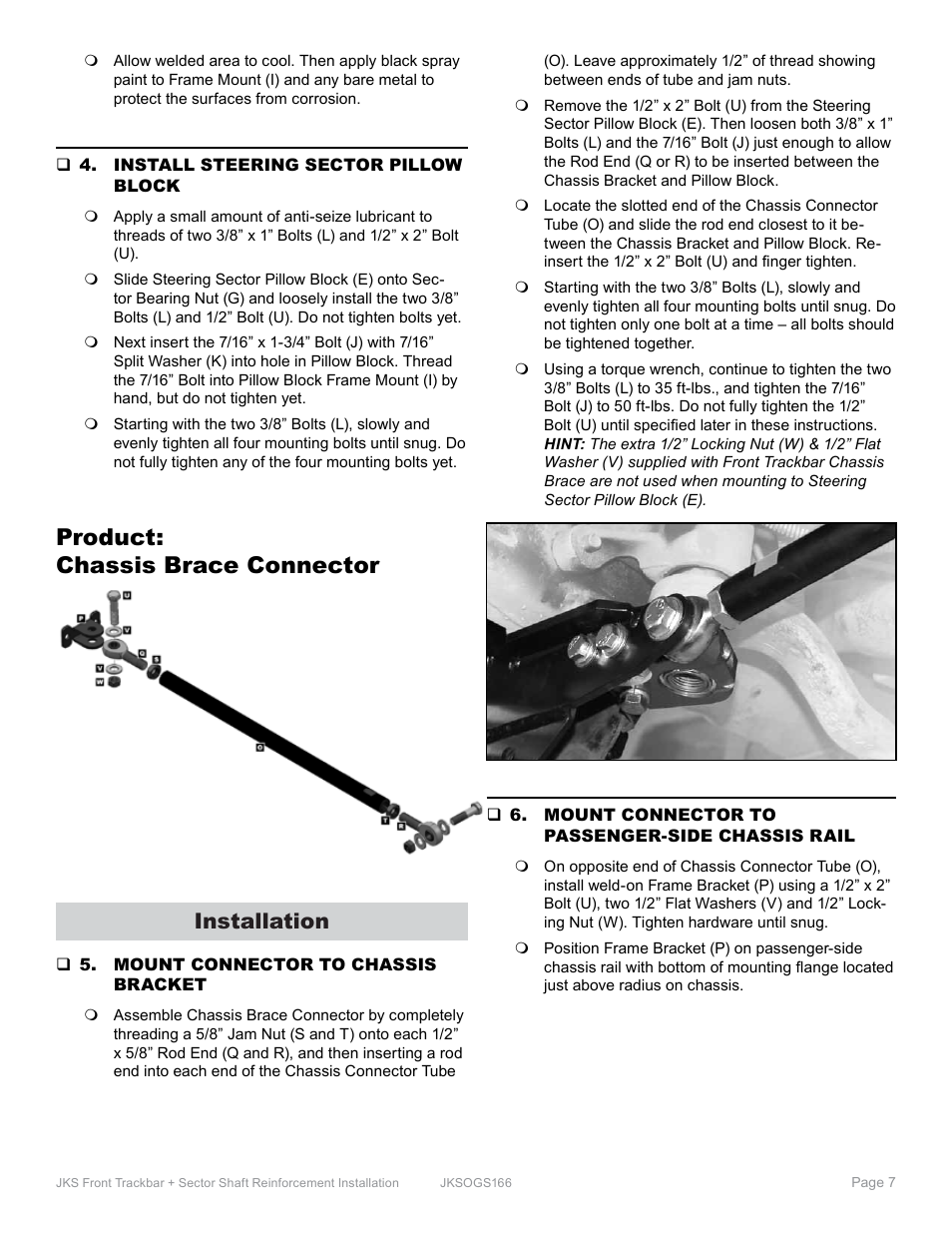 Product: chassis brace connector, Installation | JKS OGS166 User Manual | Page 7 / 9