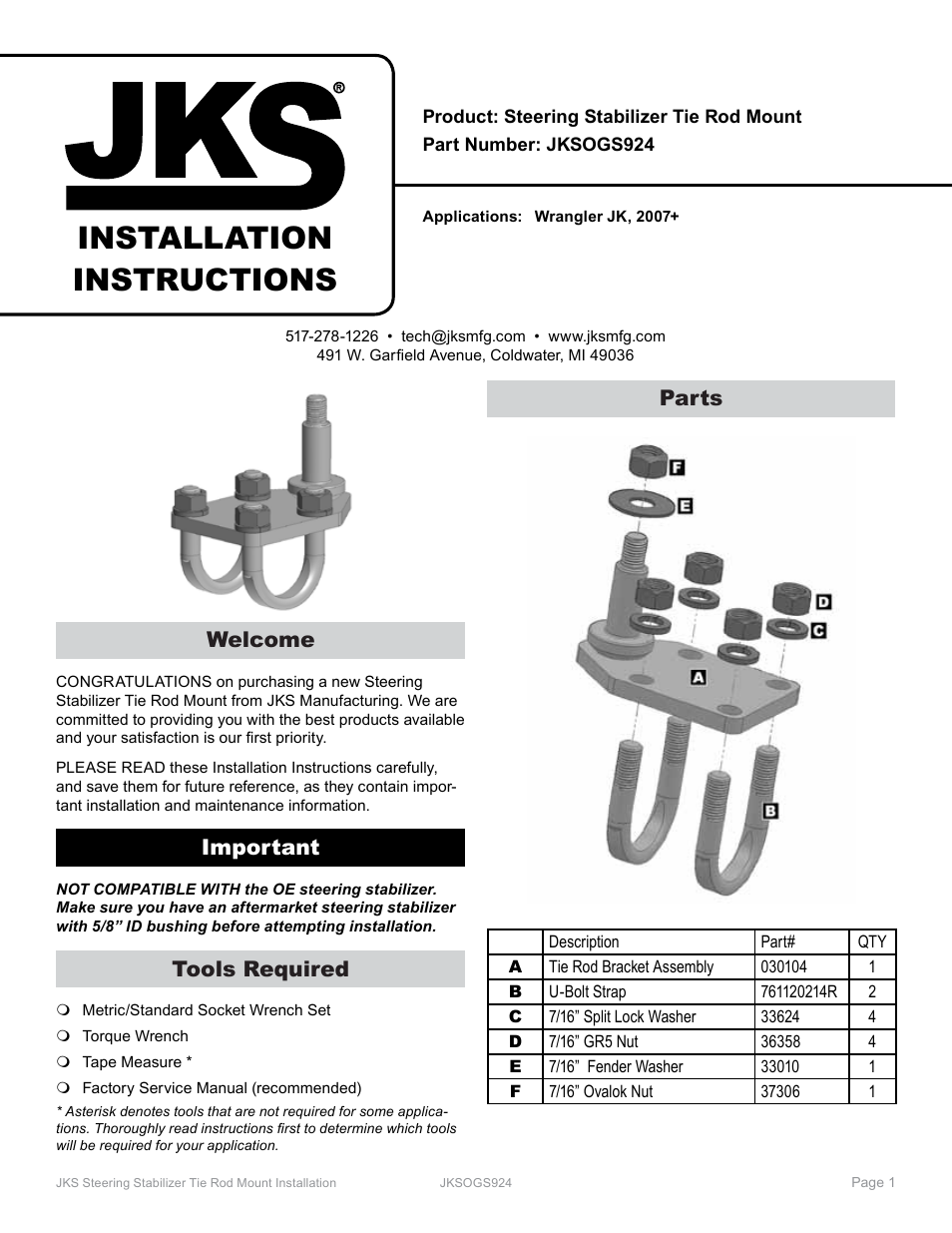 JKS OGS924 User Manual | 2 pages