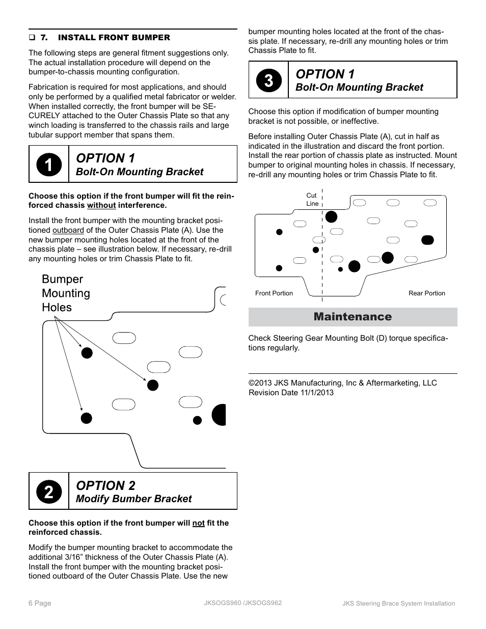 Option 1, Option 2, Maintenance | Bolt-on mounting bracket, Modify bumber bracket | JKS OGS962 User Manual | Page 6 / 6