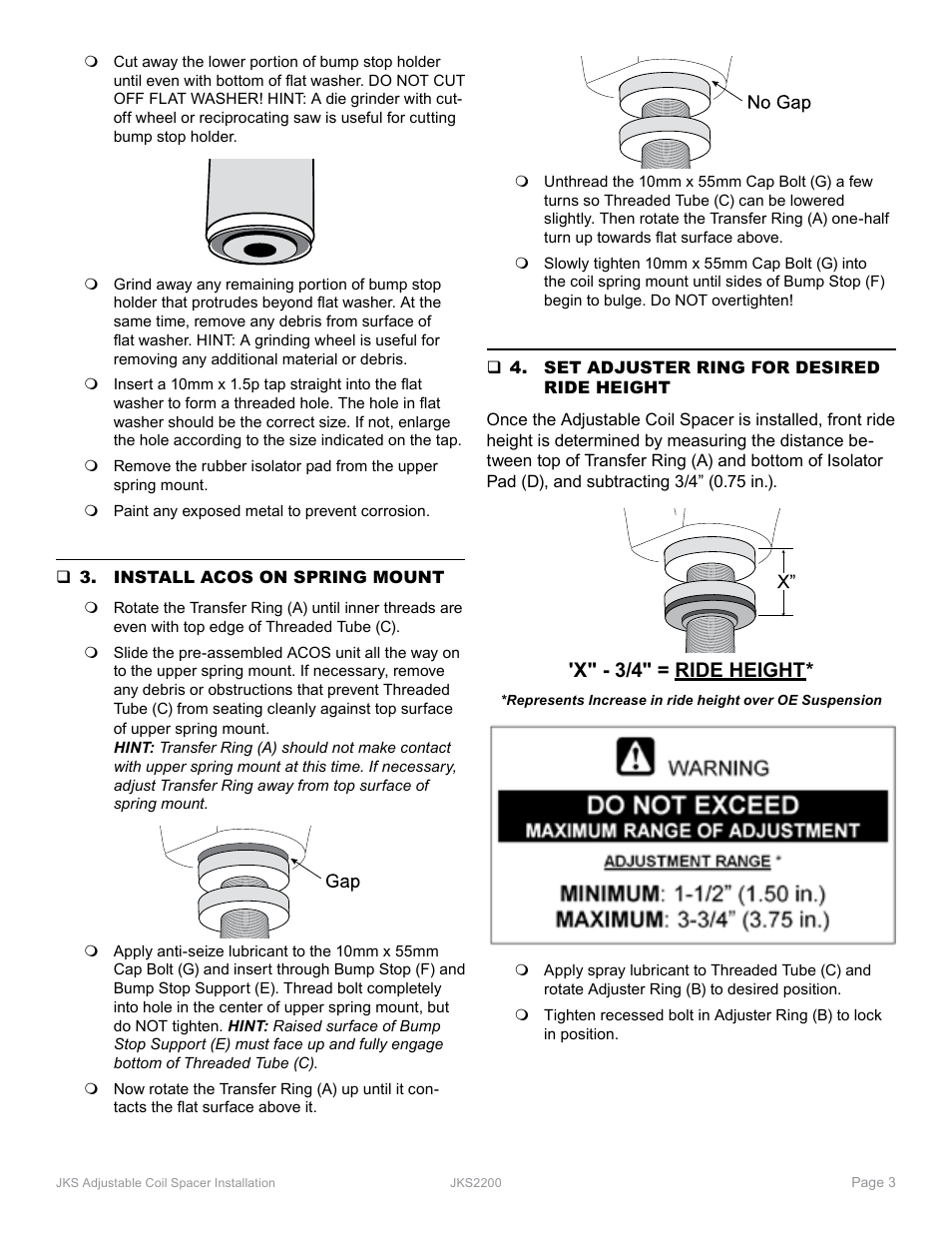 X" - 3/4" = ride height | JKS 2200 User Manual | Page 3 / 4