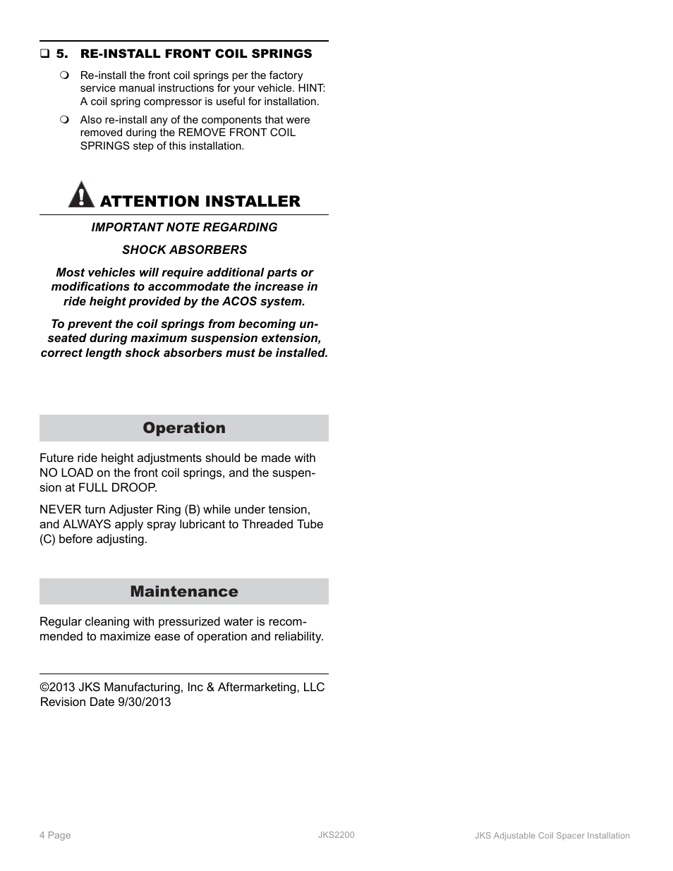 Attention installer, Operation, Maintenance | JKS 2200 User Manual | Page 4 / 4