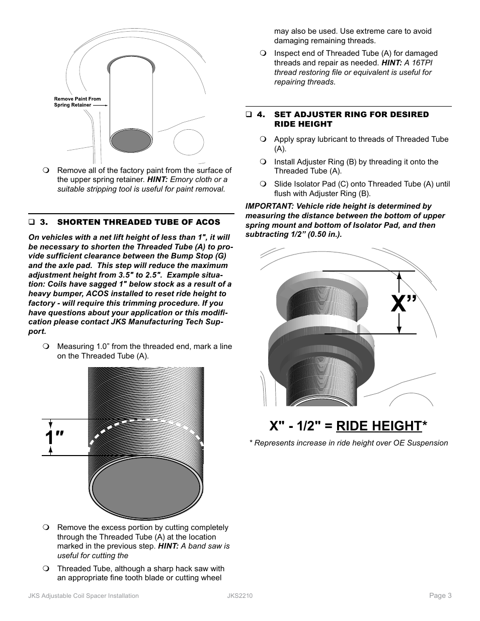 X" - 1/2" = ride height | JKS 2210 User Manual | Page 3 / 5