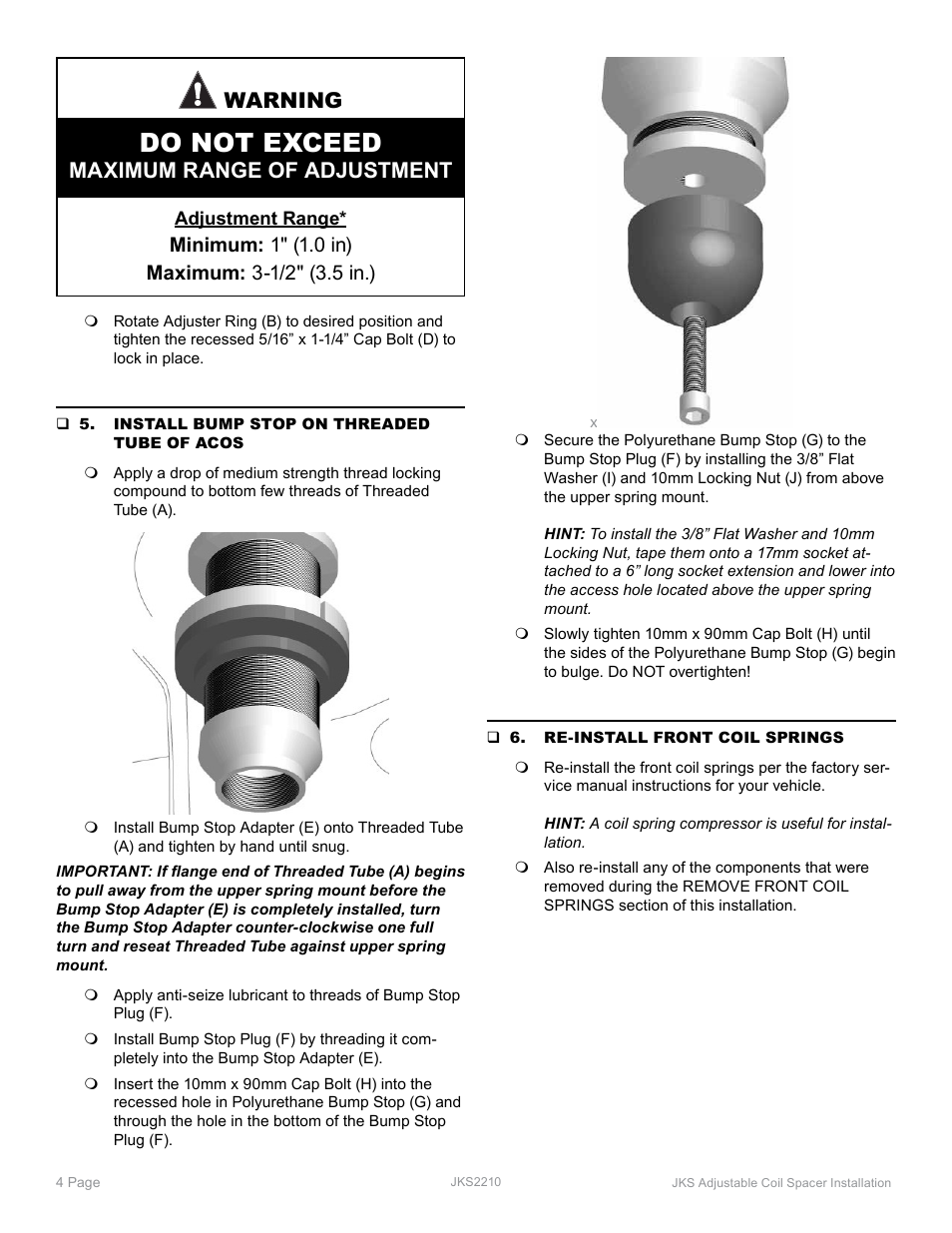 Do not exceed, Warning, Maximum range of adjustment | JKS 2210 User Manual | Page 4 / 5