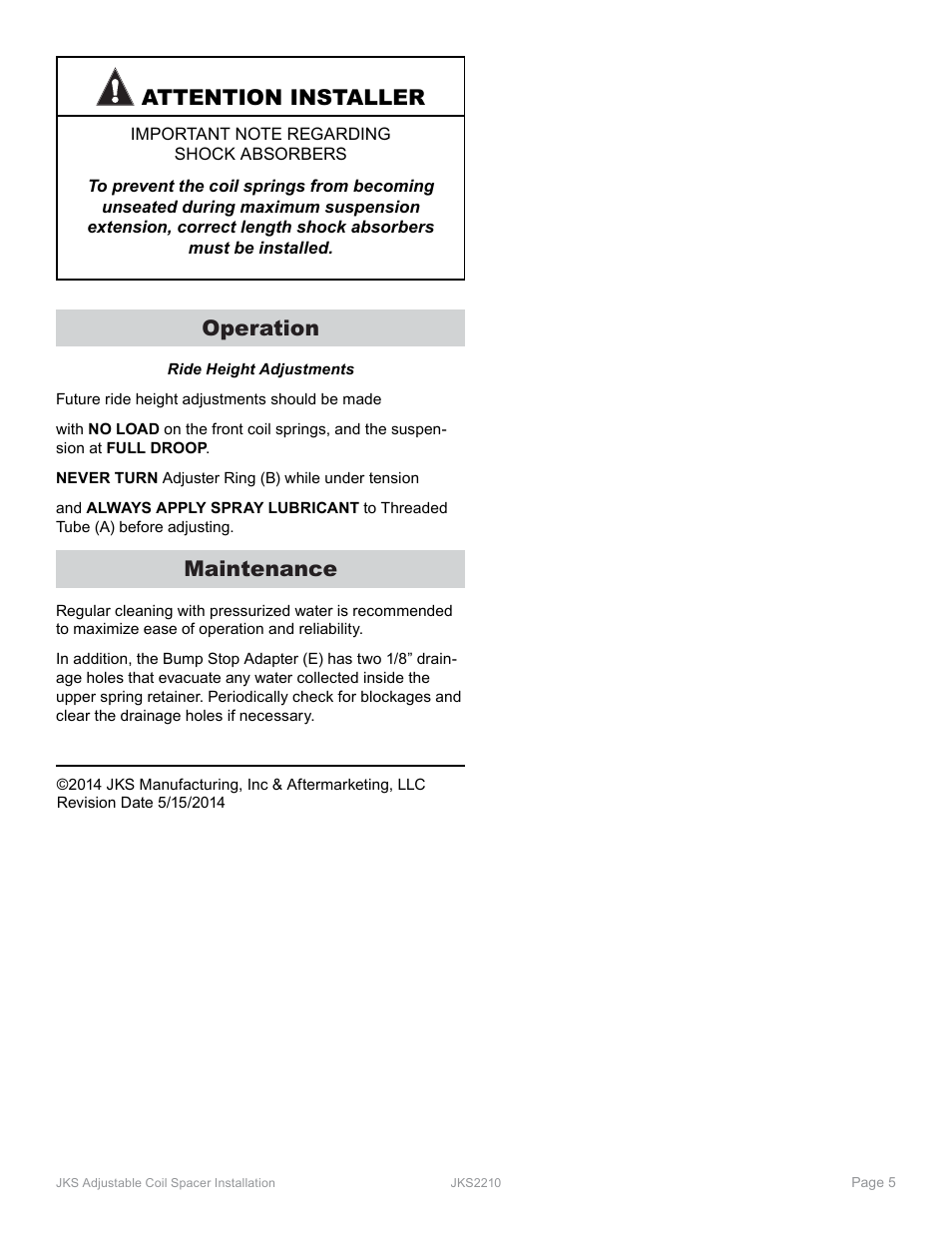 Attention installer, Operation, Maintenance | JKS 2210 User Manual | Page 5 / 5