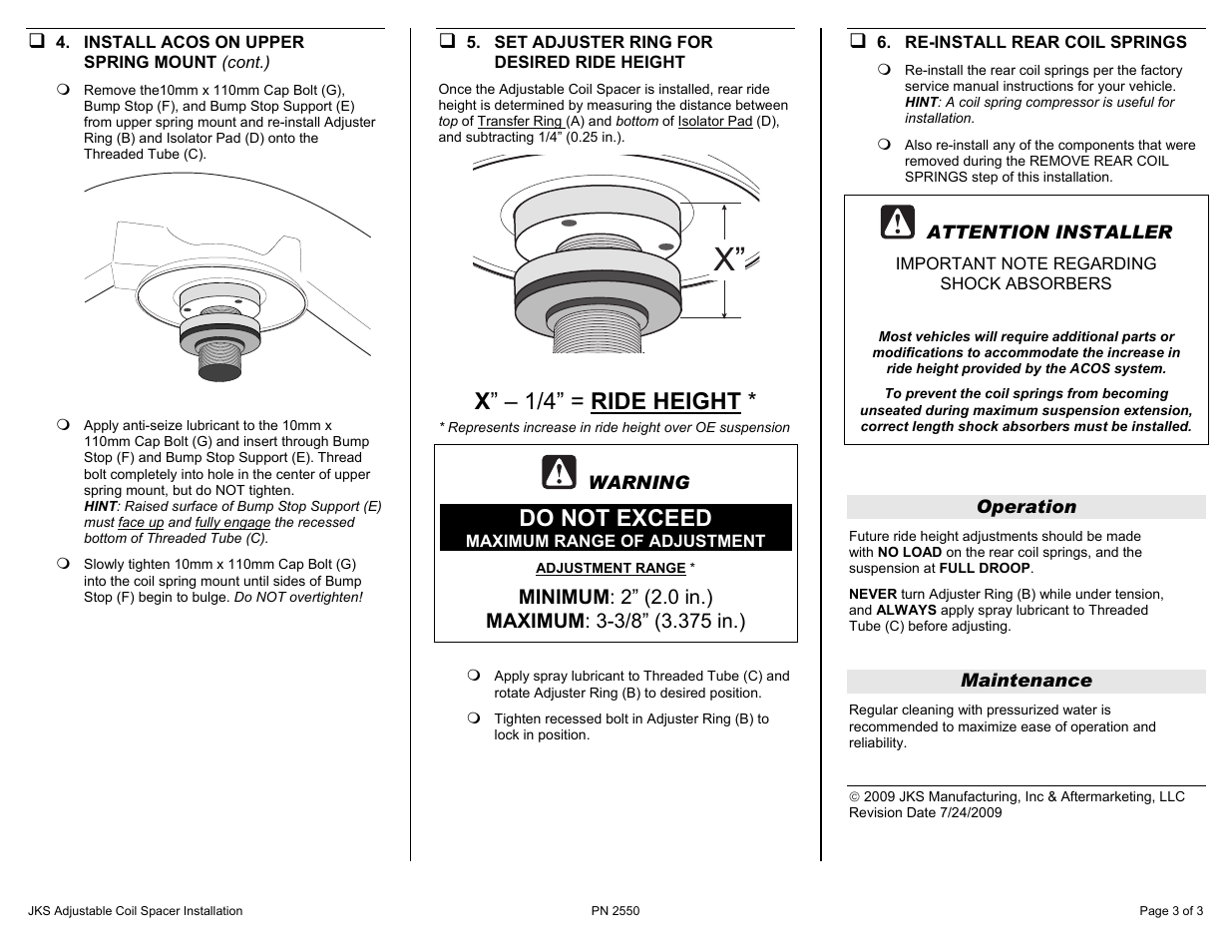 X ” – 1/4” = ride height, Do not exceed | JKS 2550 User Manual | Page 3 / 3