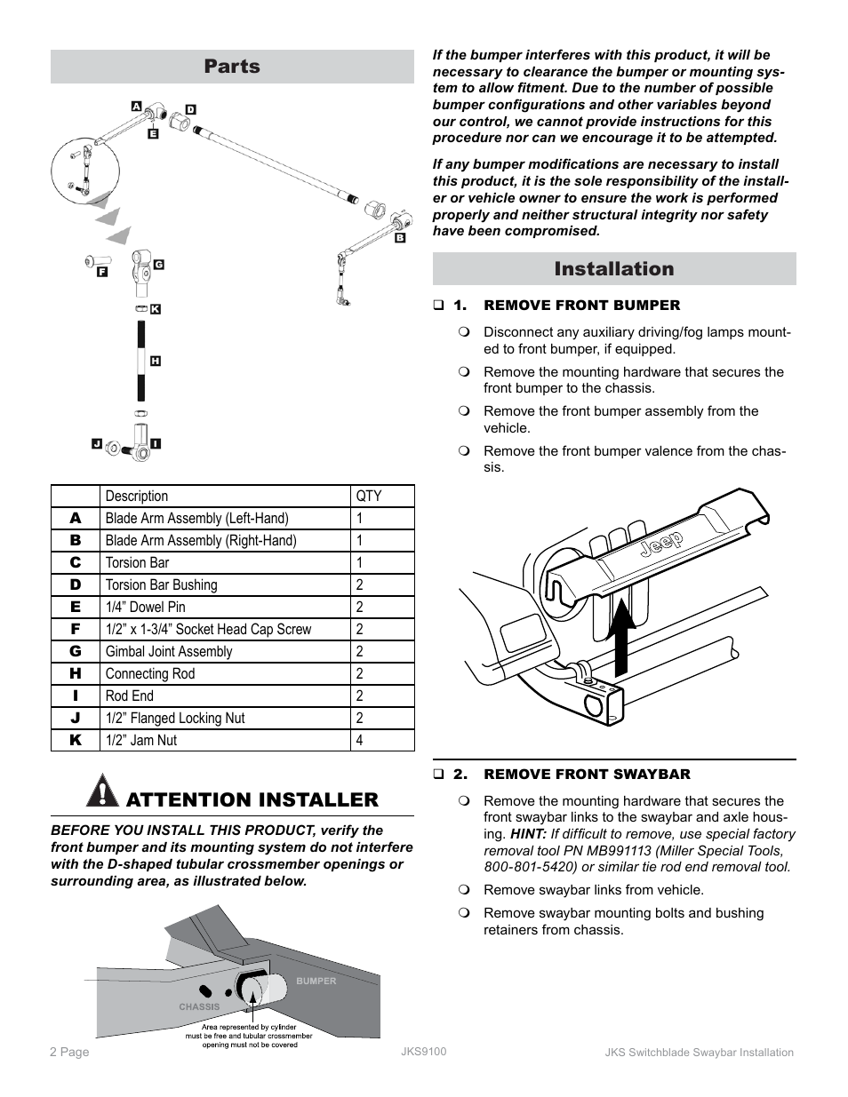 Parts, Attention installer, Installation | JKS 9100 User Manual | Page 2 / 7