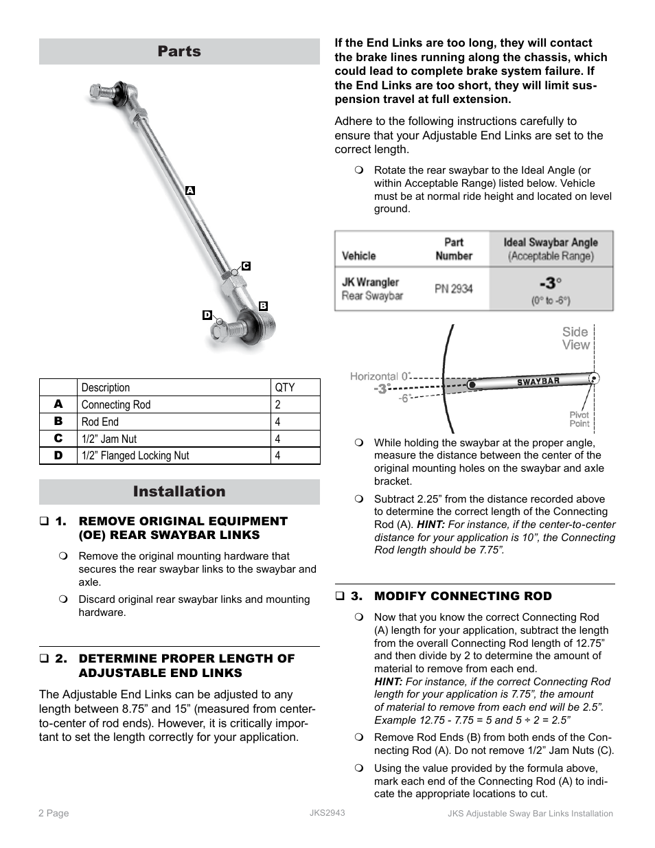 Parts, Installation | JKS 2943 User Manual | Page 2 / 5